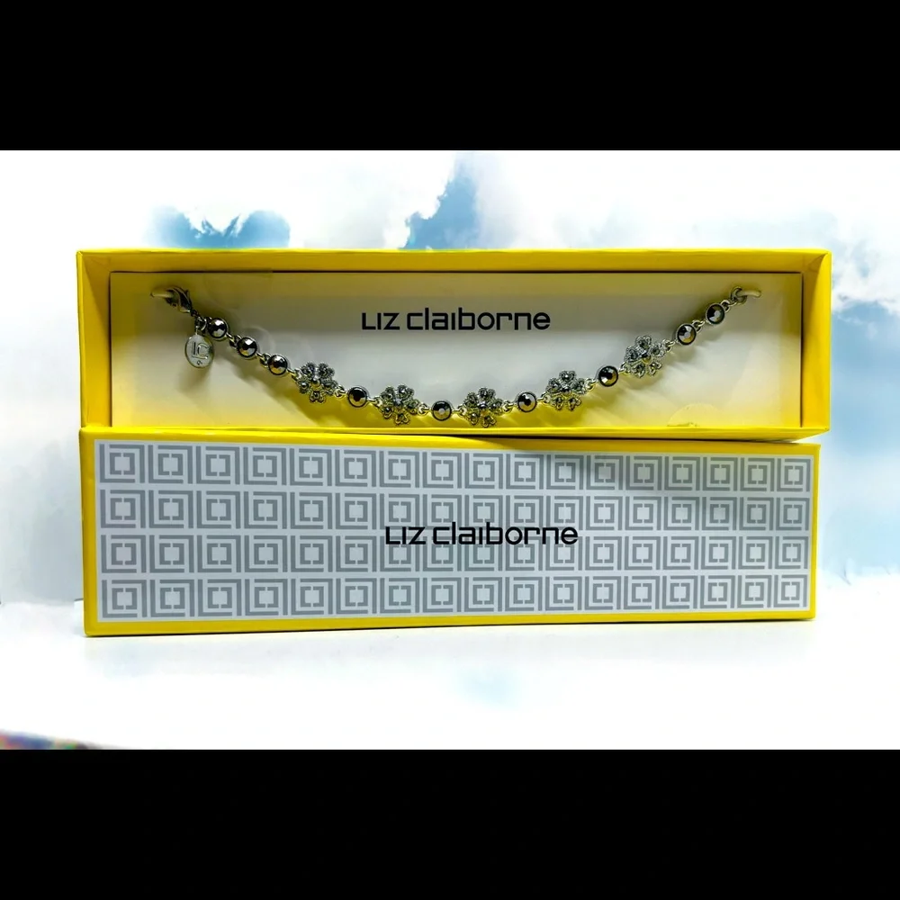 Vintage Liz Claiborne Silver-tone Mirror Rhinestone Box Jewelry Bracelet - Picture 1 of 7